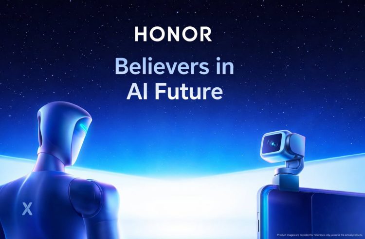 تصویر مفهومی برند HONOR با دو ربات هوشمند در مقابل افق زمین و شعار “Believers in AI Future”؛ نمایش چشمانداز آینده هوش مصنوعی و نوآوریهای AI محور
