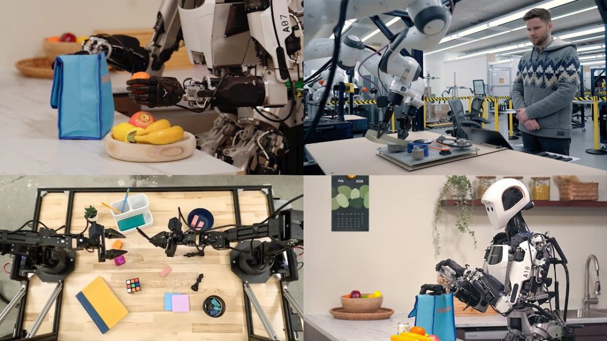 چهار صحنه از رباتهای انساننما در حال انجام وظایف روزمره مانند چیدن میوه، کار در آزمایشگاه، و تعامل با اشیاء آموزشی روی میز در محیط تحقیقاتی هوش مصنوعی