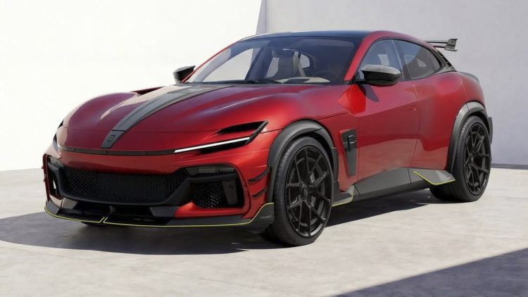 نمای سه‌رخ جلو Ferrari Purosangue با کیت نرم منصوری و قطعات فیبر کربنی مشکی