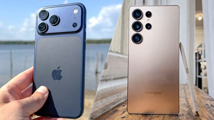 نمای پشت دو گوشی هوشمند سامسونگ و آیفون در کنار یکدیگر، با تمرکز بر طراحی بدنه، رنگ، و چیدمان ماژول دوربینها