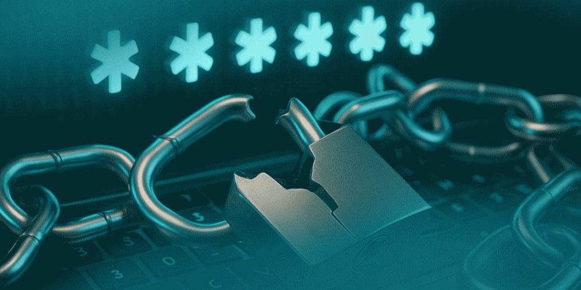 تصویر مفهومی از زنجیر و قفل شکسته در کنار نمادهای رمز عبور، نشان‌دهنده ریسک‌های امنیتی مدیران پسورد