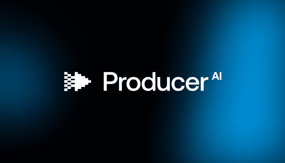 لوگوی Producer AI روی پس‌زمینه گرادیانی آبی و مشکی، نشان‌دهنده پلتفرم هوش مصنوعی برای تولید و پردازش محتوای صوتی و موسیقی