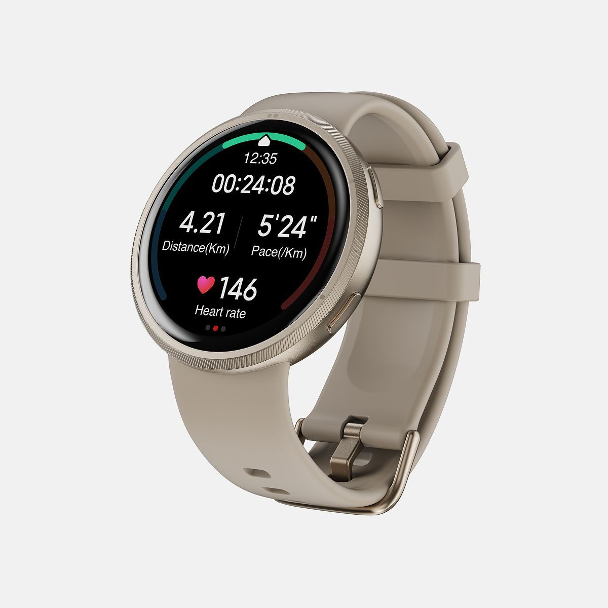 تصویر صنعتی ساعت هوشمند ریباک راش با بدنه طلایی و بند کرم رنگ.