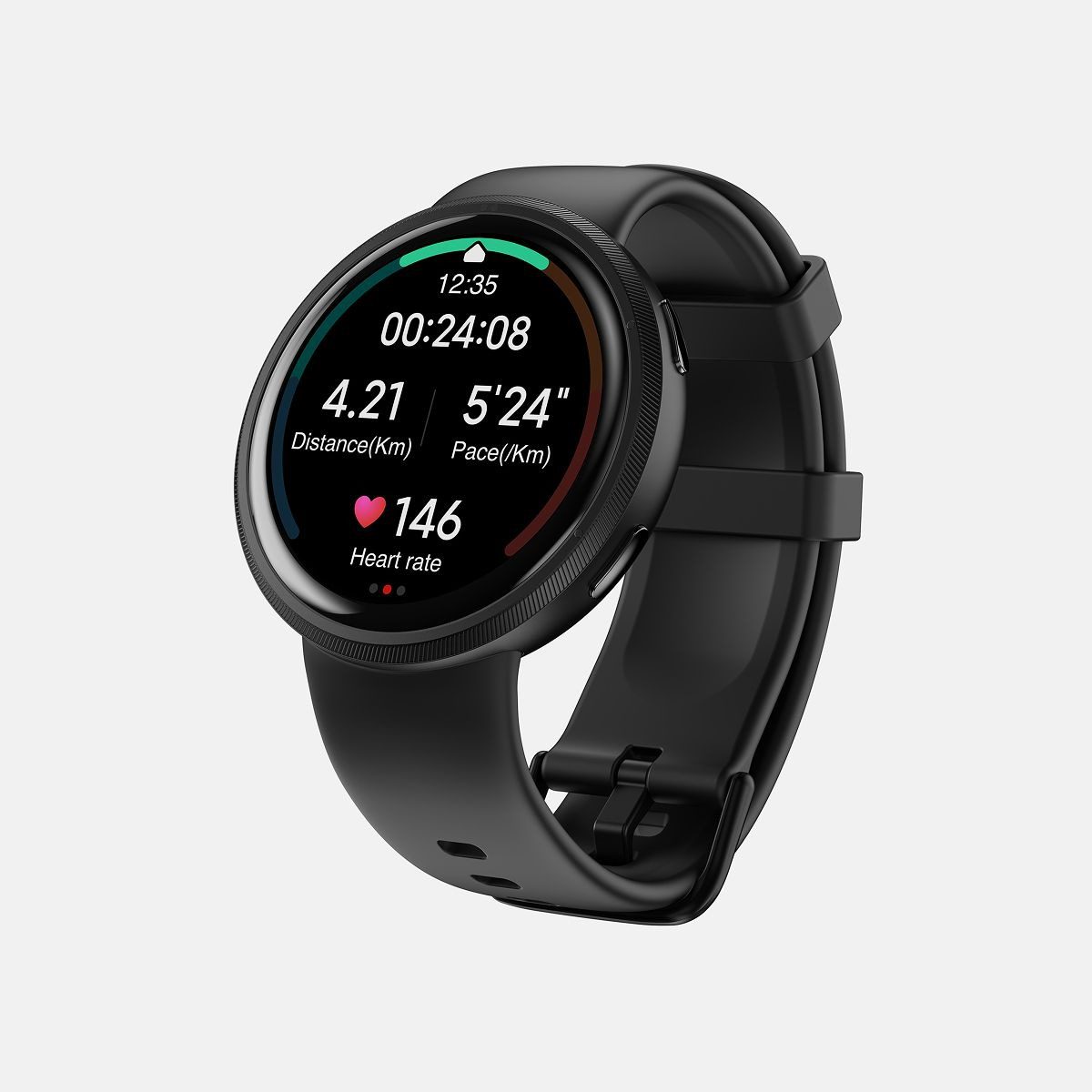 تصویر صنعتی ساعت هوشمند ریباک راش با بدنه و بند مشکی مات.