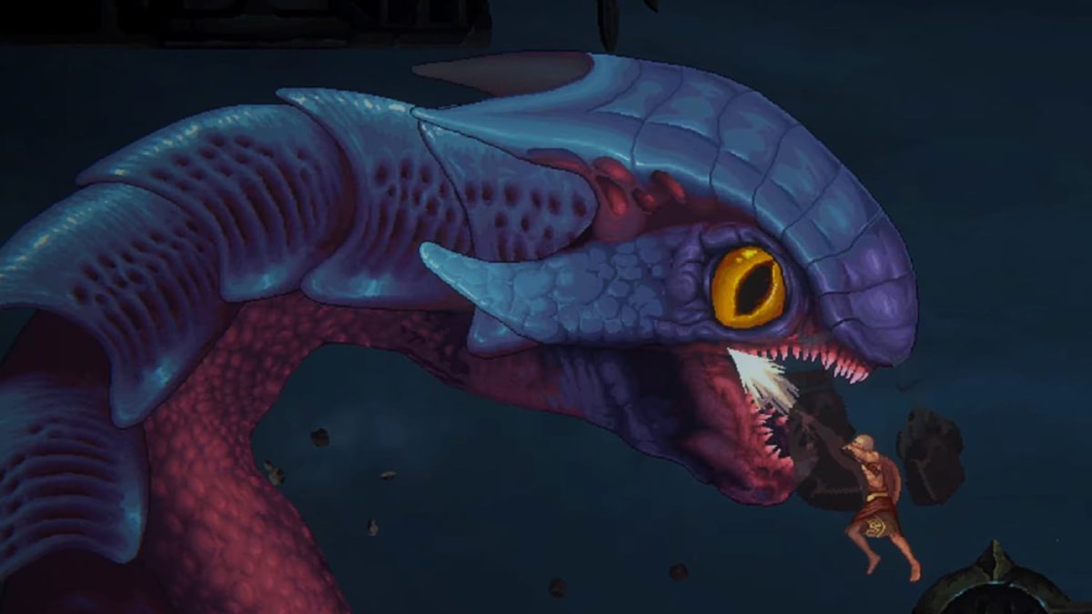 تصویر هنری فانتزی از یک موجود عظیم‌الجثه مارمانند با زره فلس‌دار آبی و چشمان درخشان زرد که در محیطی تاریک و زیرآبی یا غارمانند، یک جنگجوی مسلح را در دهان خود گرفته است؛ صحنه با نورپردازی دراماتیک، جزئیات بالا و حال‌وهوای اسطوره‌ای طراحی شده است.