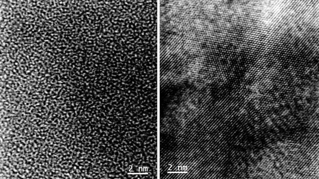 تصاویر قبل و بعد از بازآرایی اتم ها در پنتوکسید نیوبیم برای تسهیل شارژ سریعتر آزمایشگاه ملی آرگون نشان می دهد.