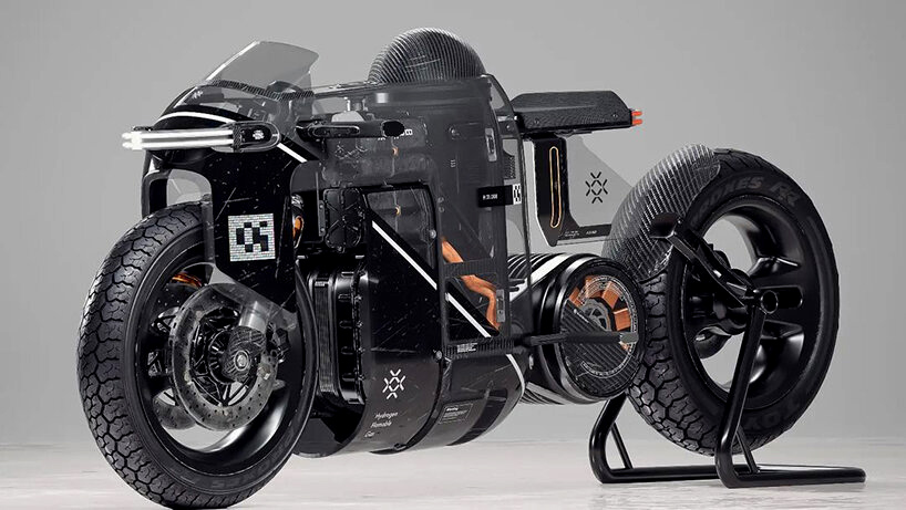 موتورسیکلت الکتریکی با سوخت هیدروژنی و ظاهری دیستوپینی