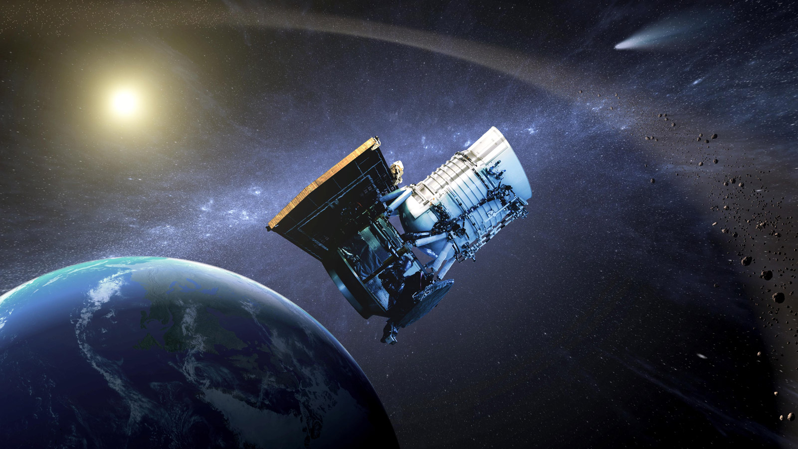 این تصویر فضاپیمای Wide-field Infrared Survey Explorer (WISE) را در مدار زمین نشان می دهد. ماموریت WISE در سال 2011 به پایان رسید، اما در سال 2013 فضاپیما برای یافتن و مطالعه سیارک ها و دیگر اجرام نزدیک به زمین (NEOs) تغییر کاربری داد. ماموریت و فضاپیما به NEOWISE تغییر نام دادند.