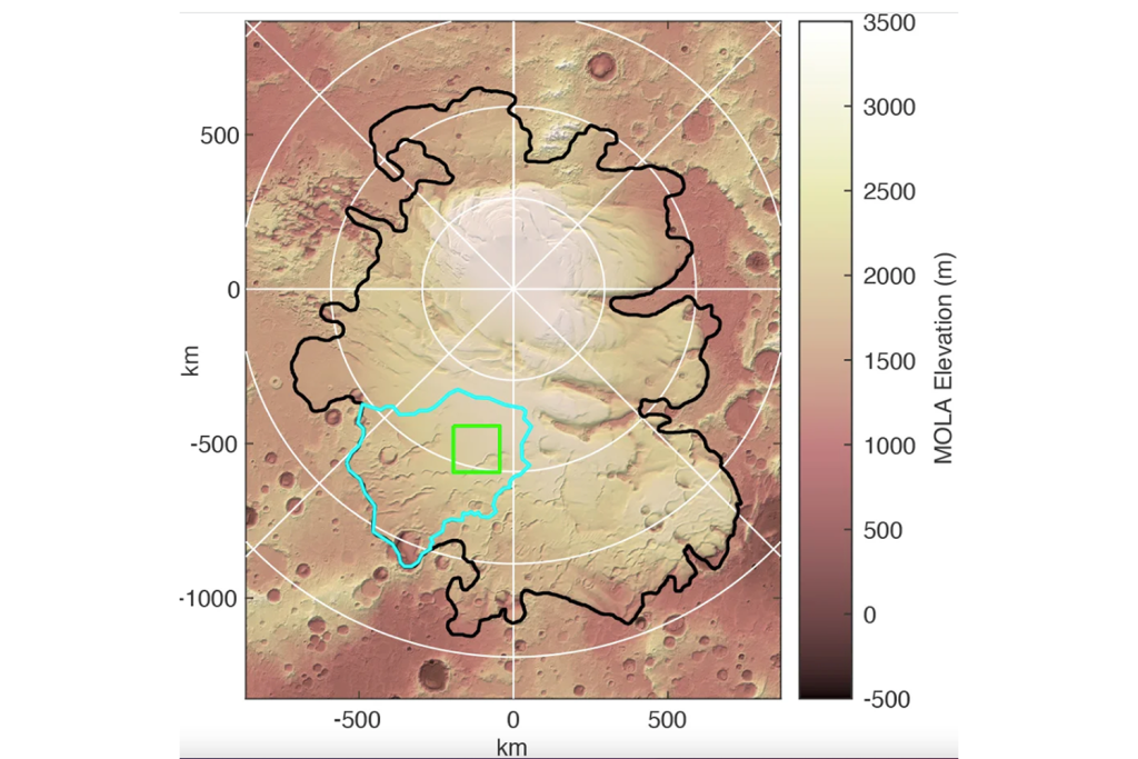 نقشه توپوگرافی از قطب جنوب مریخ. خط سیاه مرز کلاهک یخی را مشخص می کند، خط آبی منطقه ای است که در مطالعه جدید مدل شده است.