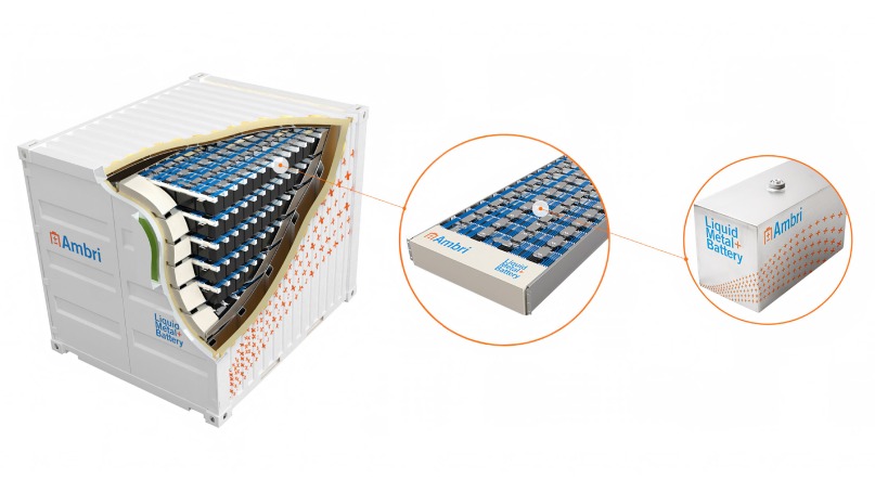 باتری‌های نمک مذاب Ambri به اندازه یک جعبه ناهار فلزی هستند و می‌توانند در سیستم‌های ذخیره‌سازی انرژی به اندازه یک کانتینر به هم متصل شوند.