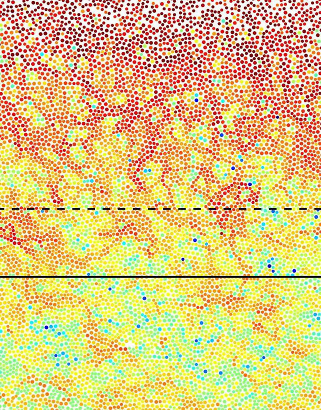 تصویر میکروسکوپی از ذوب سطحی شیشه در یک سیستم کلوئیدی. ذرات قرمز روند ذوب را روی سطح مشخص می کنند