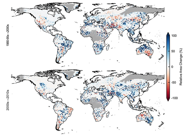 پوشش دریاچه در سراسر جهان، در دو دوره زمانی 1984-2019