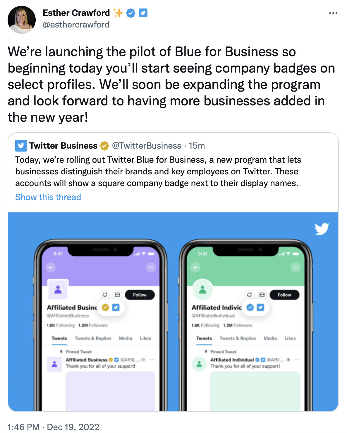 توییتر رسماً سرویس Blue for Business را معرفی کرده که ابزاری، برای شرکت‌هایی است که می‌خواهند برند خود را در توییتر تأیید و متمایز کنند.