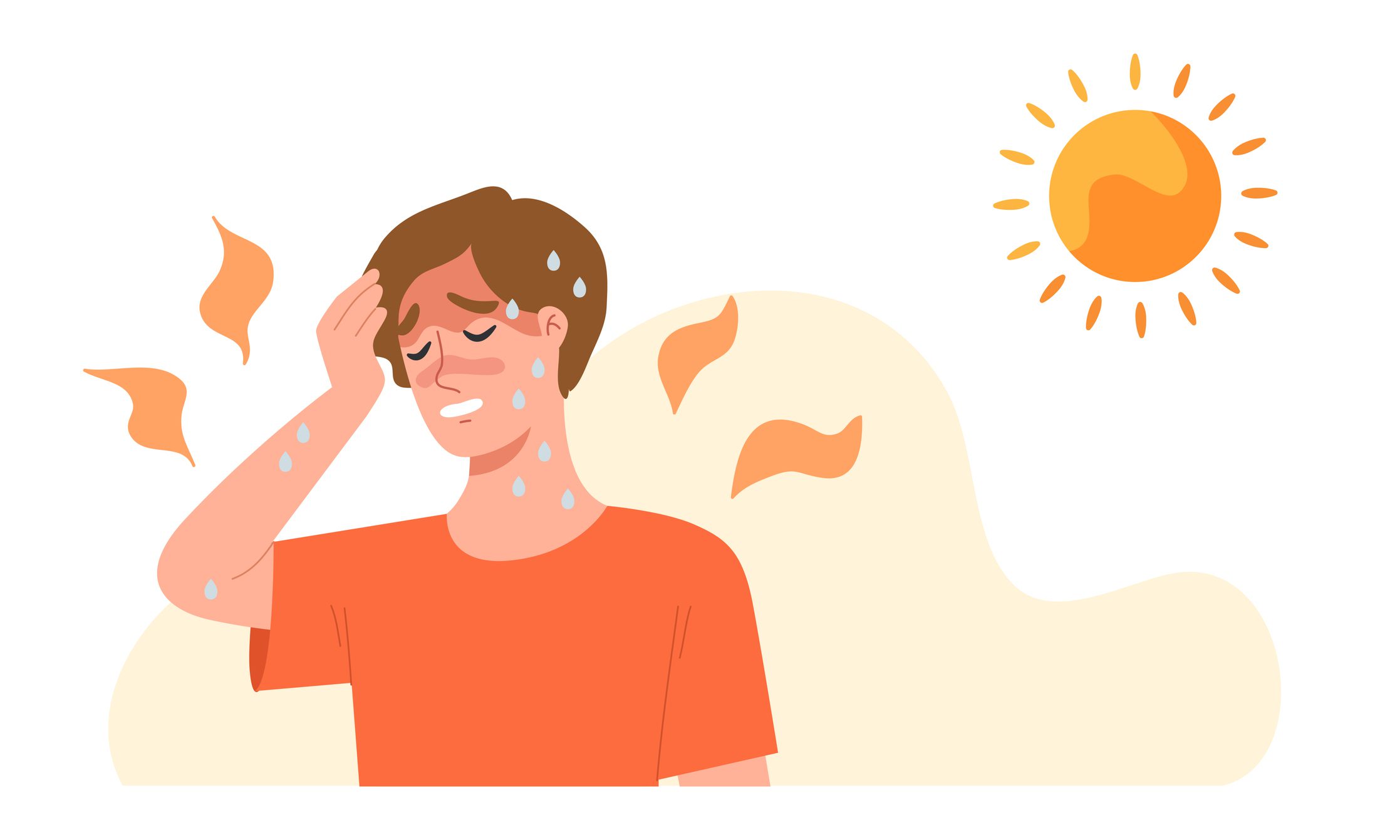 Heat stroke symptoms;  high body temperature, sweat, perspire, headache, red skin, dehydration.
