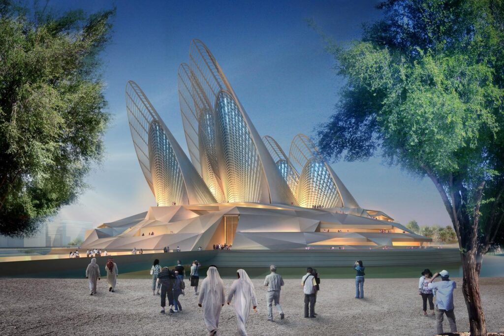 (زیرنویس تصویر: ساختمان اصلی موزه ملی زاید به شکل یک تپه 30 متری است که از توپوگرافی امارات الهام گرفته شده است)
