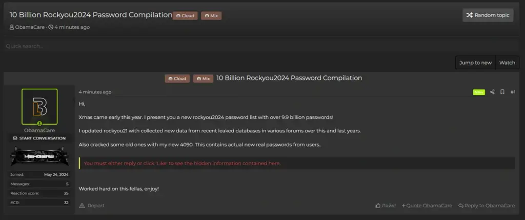 هکری با نام مستعار «ObamaCare» یک پایگاه داده به نام RockYou2024 منتشر کرده است که ادعا می‌شود حاوی تقریباً ۱۰ میلیارد رمز عبور منحصر به فرد است