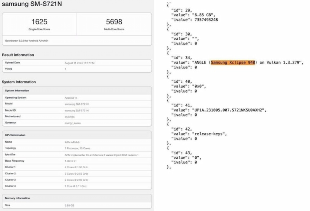 گلکسی S24 FE با شماره مدل SM-S721N، در تست تک هسته‌ای گیک‌بنچ