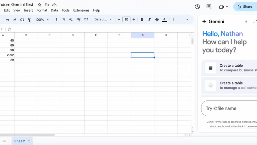 جمنای اکنون می‌تواند به کاربران در سازماندهی و ساختاربندی داده‌هایشان در Google Sheets کمک کند