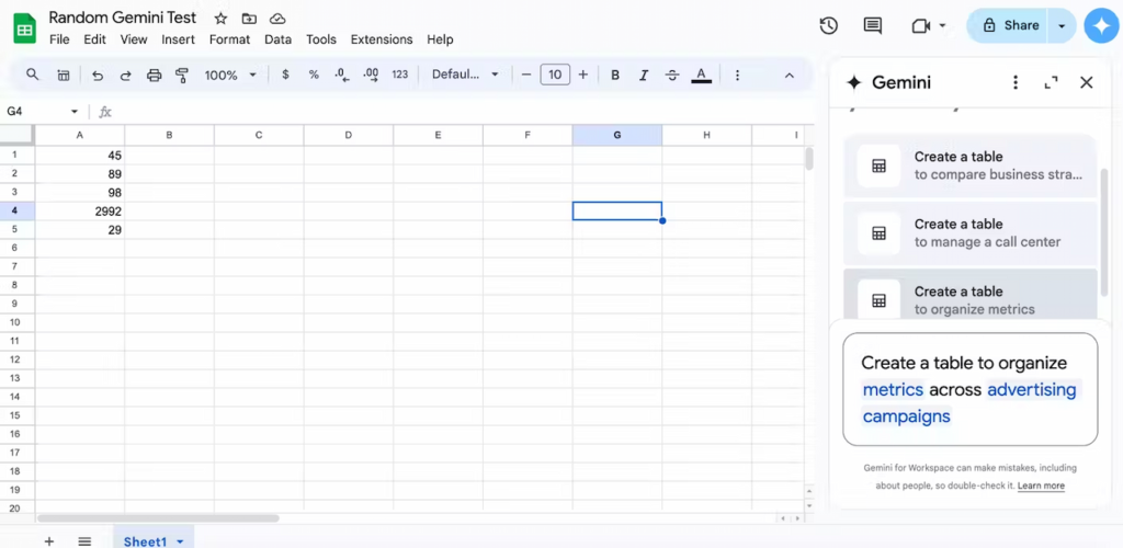 جمنای اکنون می‌تواند به کاربران در سازماندهی و ساختاربندی داده‌هایشان در Google Sheets کمک کند