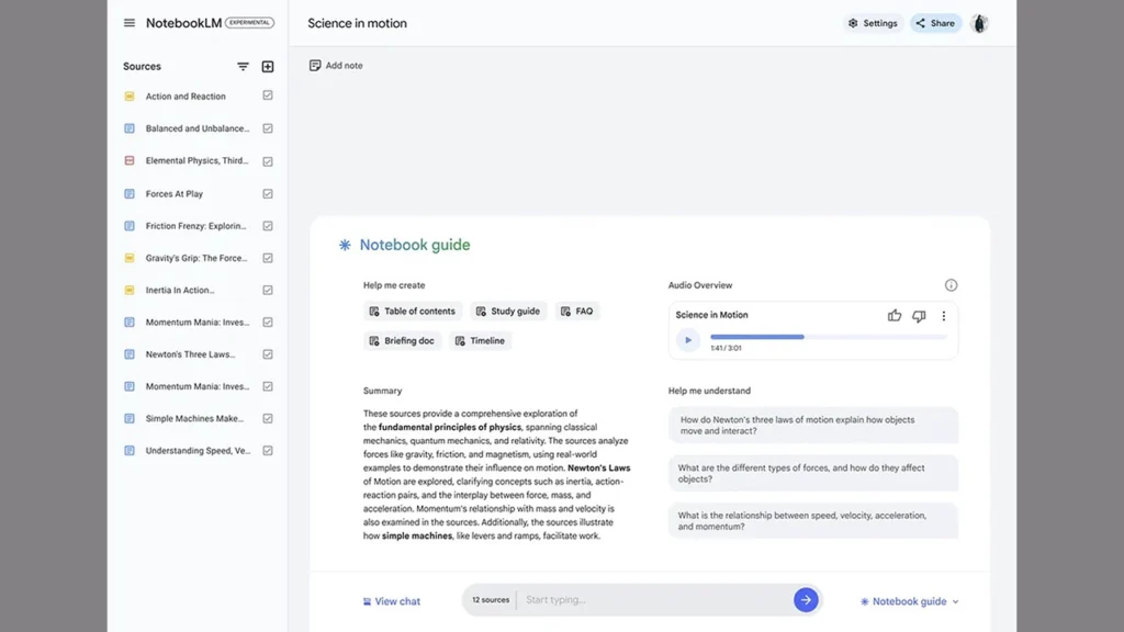 ویژگی Audio Overview در رابط کاربری اپلیکیشن NotebookLM