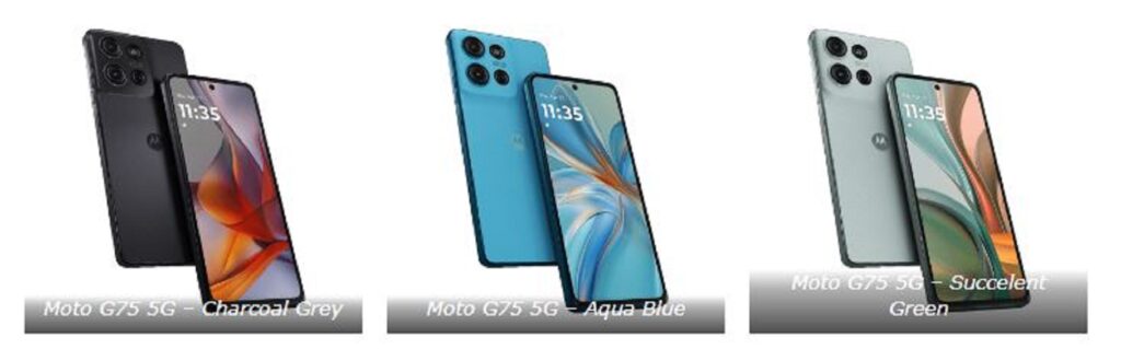 لازم به ذکر است Moto G75 5G در دو مدل چرم وگان (آبی آکوا و سبز روشن) در اندازه ۱۶۶.۰۹ x 77.24 x 8.44 میلیمتر و ۲۰۸ گرم وزن و مدل خاکستری زغالی (مات) در اندازه  8.34میلیمتری و وزن ۲۰۵ گرمی عرضه می شود