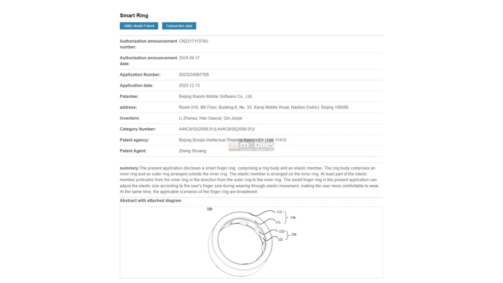 بر اساس پتنت منتشرشده توسط شیائومی که در اداره ملی مالکیت فکری چین (CNIPA) به ثبت رسیده است، حلقه هوشمند شیائومی دارای مکانیزمی است که به طور خودکار با اندازه انگشت کاربر سازگار می‌شود