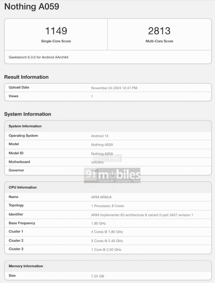 گوشی هوشمند جدید ناتینگ فون (3) در پلتفرم GeekBench