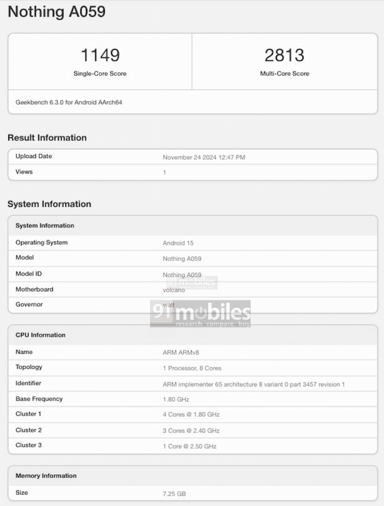 گوشی هوشمند جدید ناتینگ فون (3) در پلتفرم GeekBench