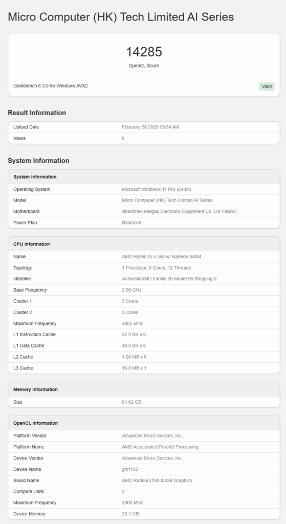 نتایج این بنچمارک نشان می‌دهد که Radeon 840M در بنچمارک OpenCL Geekbench امتیاز ۱۴،۲۸۵ را کسب کرده است که ۱۹ درصد بیشتر از امتیاز مدل 740M است که حدود ۱۱،۹۹۱ امتیاز کسب کرده بود