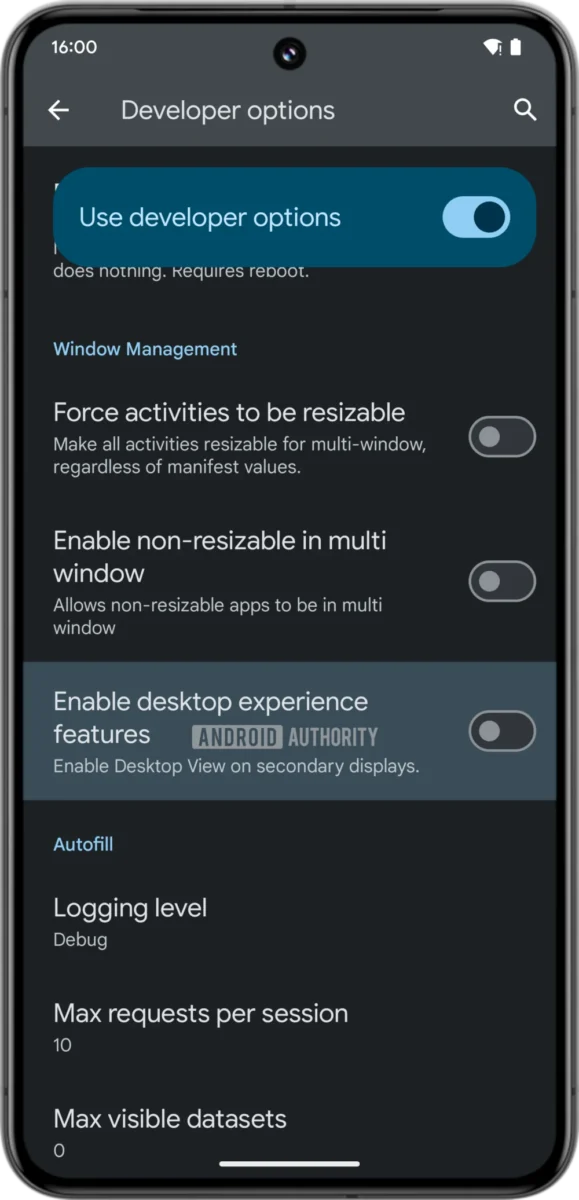 گوگل در نسخه اندروید ۱۶، گزینه‌ای جدید را در بخش Developer Options اضافه کرده که امکان فعال‌سازی قابلیت‌های تجربه دسکتاپ را فراهم می‌کند