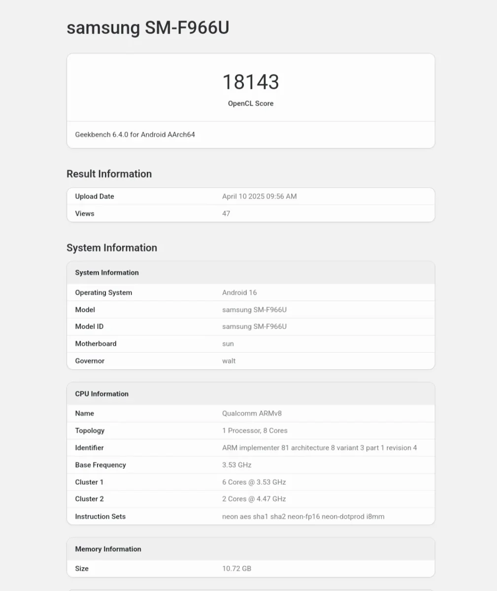 انتشار بنچمارک گلکسی زد فولد ۷ با One UI 8 در Geekbench