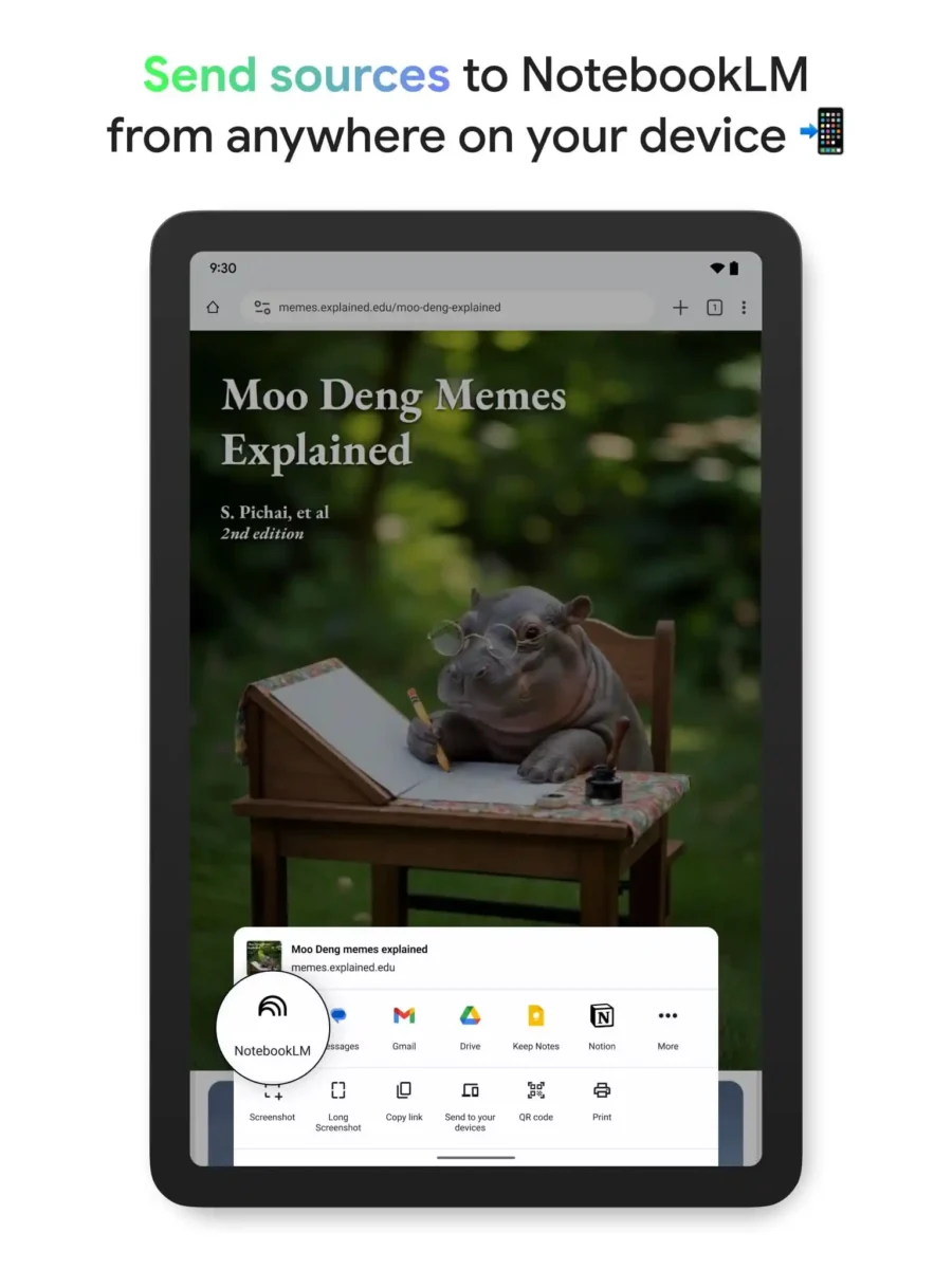 NotebookLM در منوی اشتراکگذاری سیستمعامل