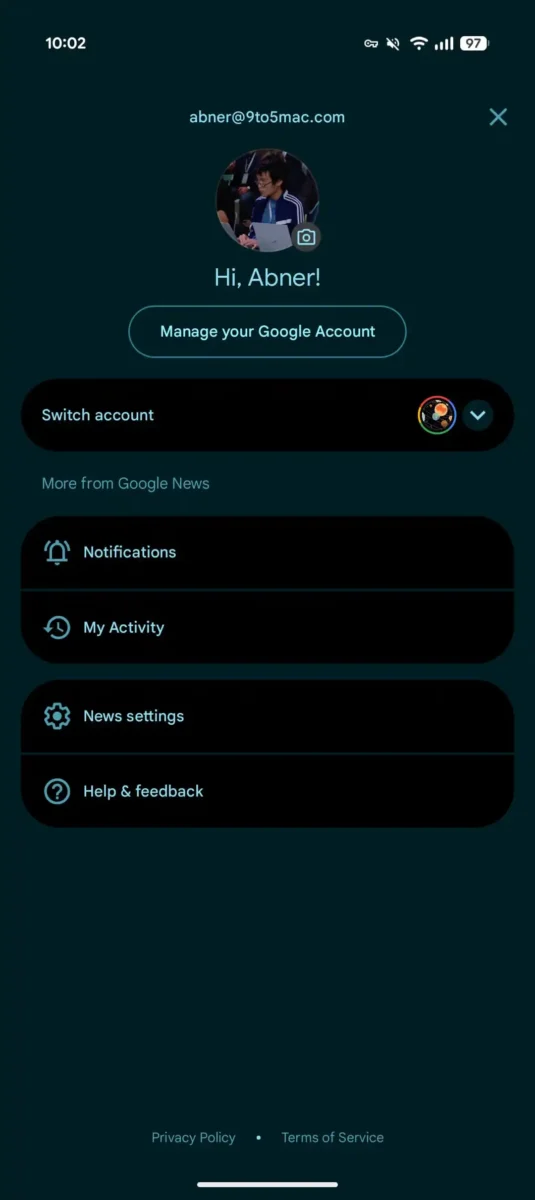 Google News (اعلانها، تنظیمات اخبار، My Activity، Help & feedback)