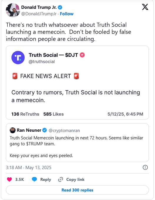 دونالد ترامپ جونیور شایعات مربوط به میم کوین تروث سوشیال (Truth Social) را رد کرد
