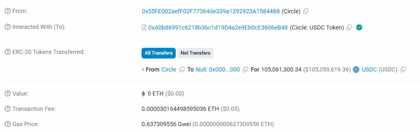 توکنسوزی ۱۰۵ میلیون دلاری USDC توسط سیرکل