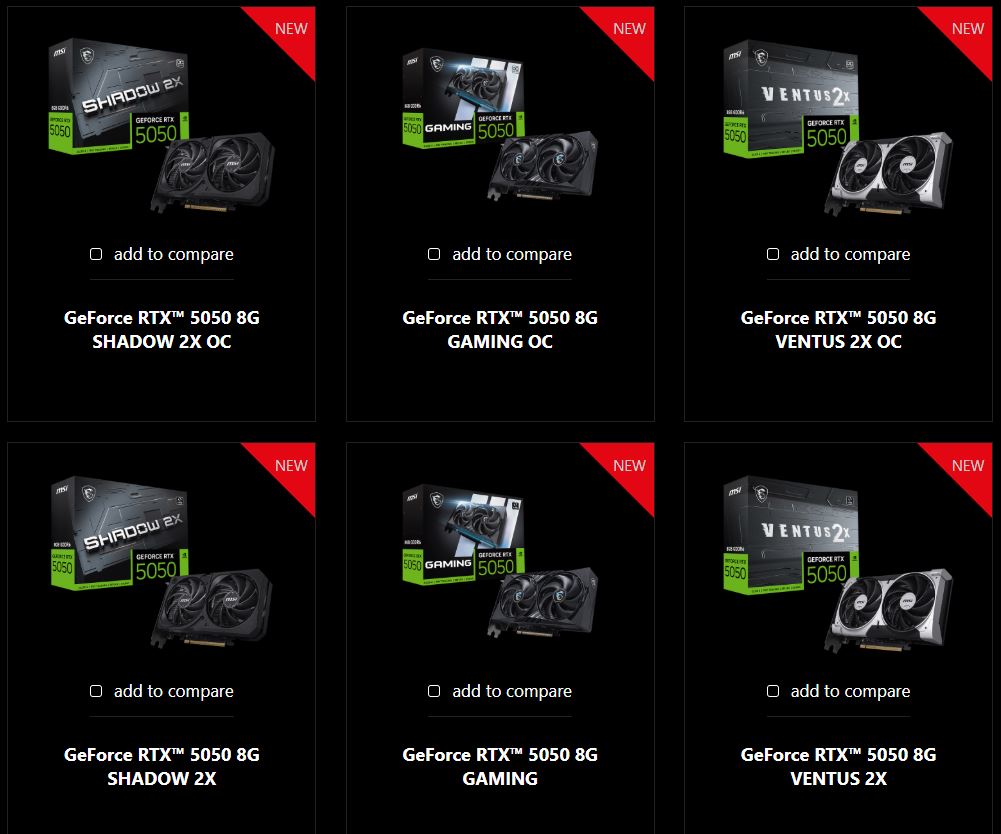 ام‌اس‌آی (MSI) شش مدل متنوع از کارت گرافیک سفارشی GeForce RTX 5050 را ارائه می کند