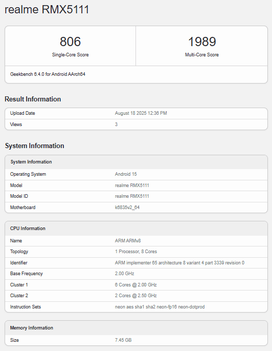 مشخصات فنی Realme 15T 5G در Geekbench