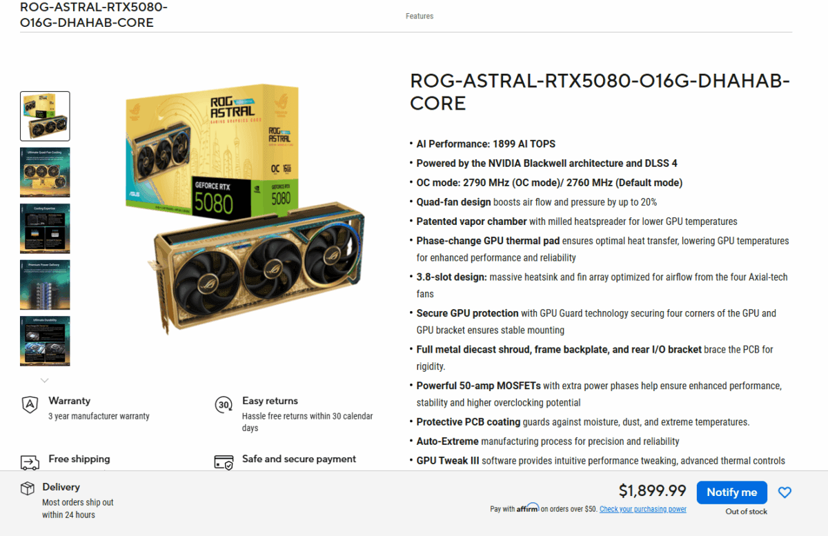 گرافیک ROG Astral RTX 5080 Dhahab CORE