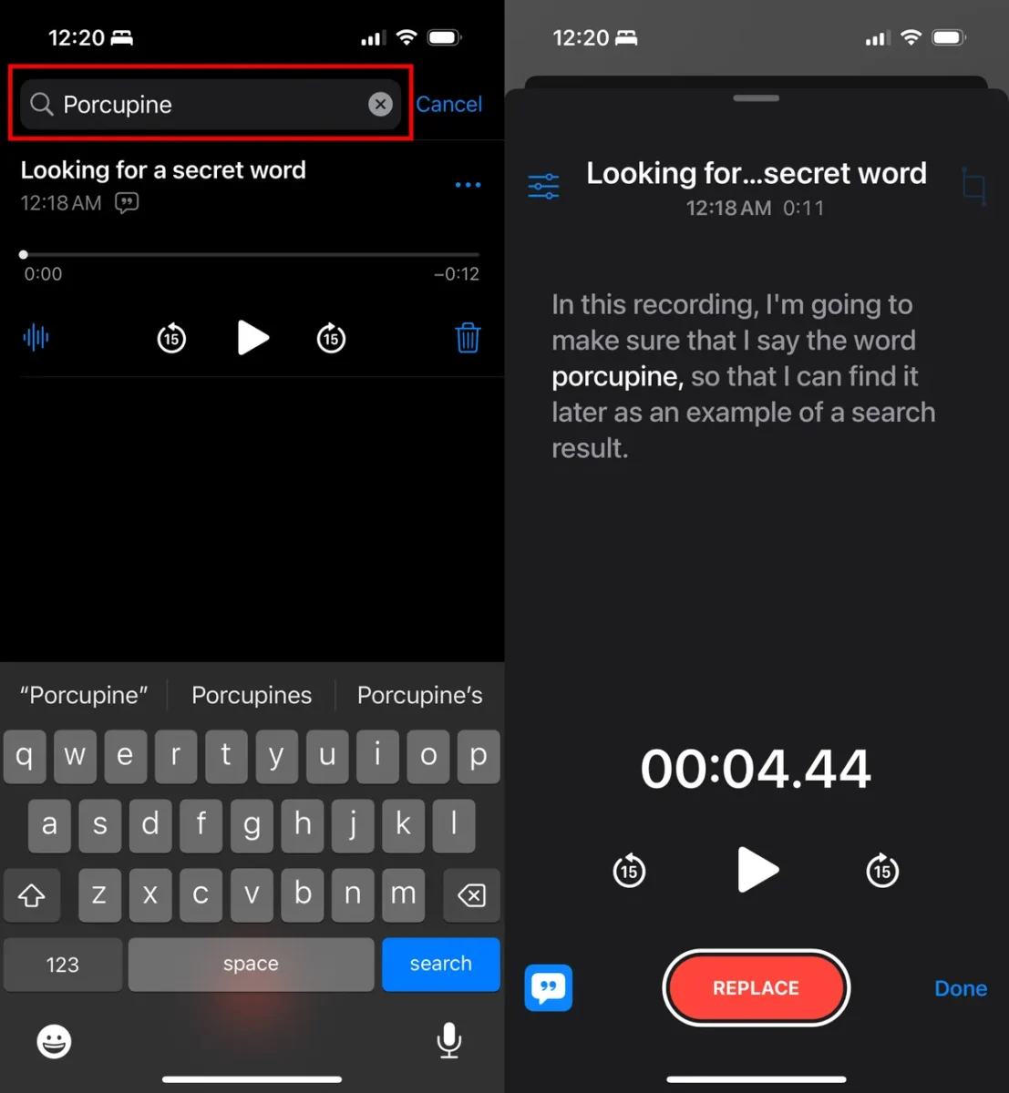 تبدیل و جستجوی متن در Voice Memos