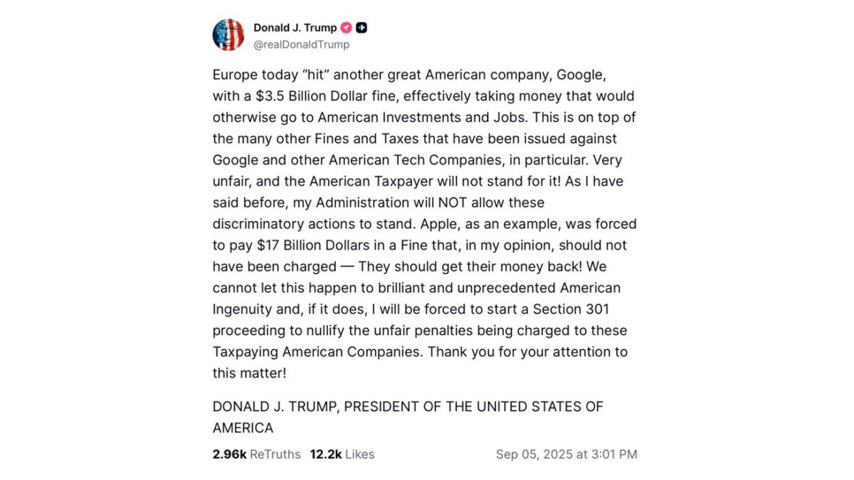 دونالد ترامپ در واکنش به جریمههای سنگین اتحادیه اروپا علیه شرکتهای فناوری آمریکایی، تهدید کرد که با استناد به بخش ۳۰۱ قانون تجارت ۱۹۷۴، اقدامات متقابل تجاری مانند وضع تعرفه را علیه این اتحادیه به کار خواهد گرفت.