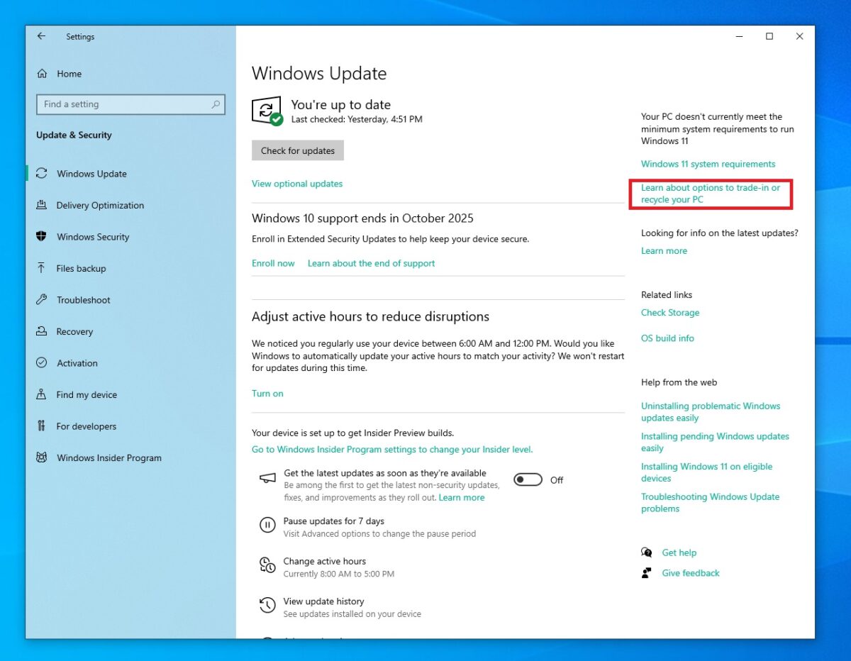 با انتخاب این گزینه، کاربران به برنامه آنلاین تعویض مایکروسافت هدایت می‌شوند که امکان تعویض کامپیوتر ویندوز ۱۰ با ارزش مشخص (بر اساس عوامل متعددی) یا بازیافت دائمی دستگاه را فراهم می‌کند. این برنامه به منظور آماده‌سازی برای سال ۲۰۲۶ طراحی شده است، زمانی که ویندوز ۱۰ به طور کامل به پایان عمر خود می‌رسد و هیچ به‌روزرسانی امنیتی جدیدی دریافت نخواهد کرد.