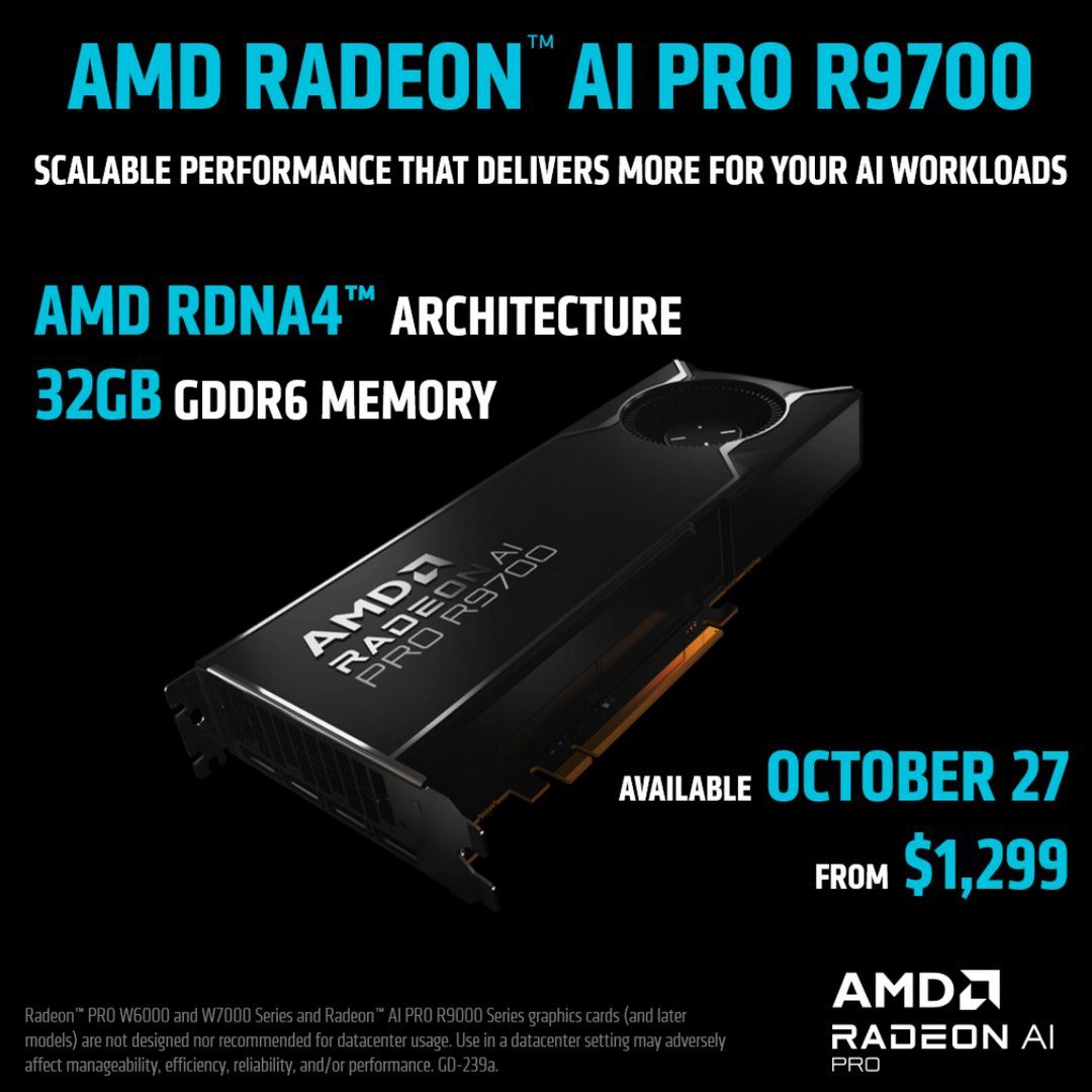 کارت گرافیک Radeon AI Pro R9700 با قیمت ۱,۲۹۹ دلار معرفی شد