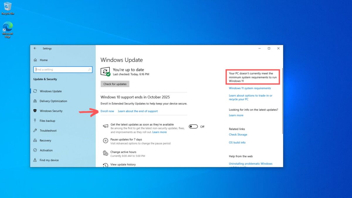 Enroll-now-to-Windows-10-ESU-page-in-the-Update-Security-page