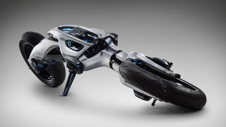 : موتورسیکلت Yamaha MOTOROiD:Λ در حالت خوابیده روی زمین، آماده برای ایستادن خودکار بدون دخالت انسان.