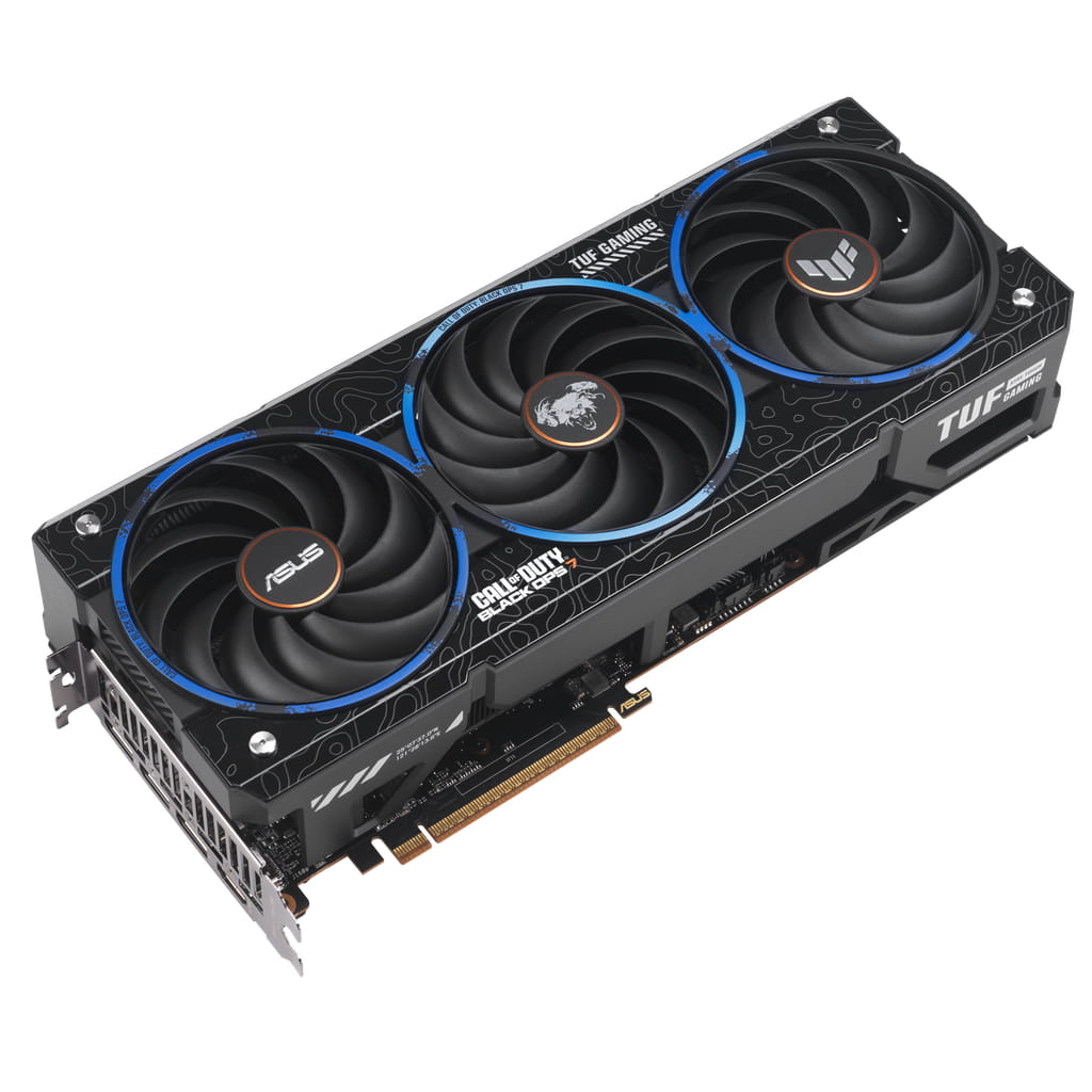 نمایی از نسخه ویژه کارت گرافیک TUF Gaming Radeon RX 9070 XT با تم Call of Duty: Black Ops 7