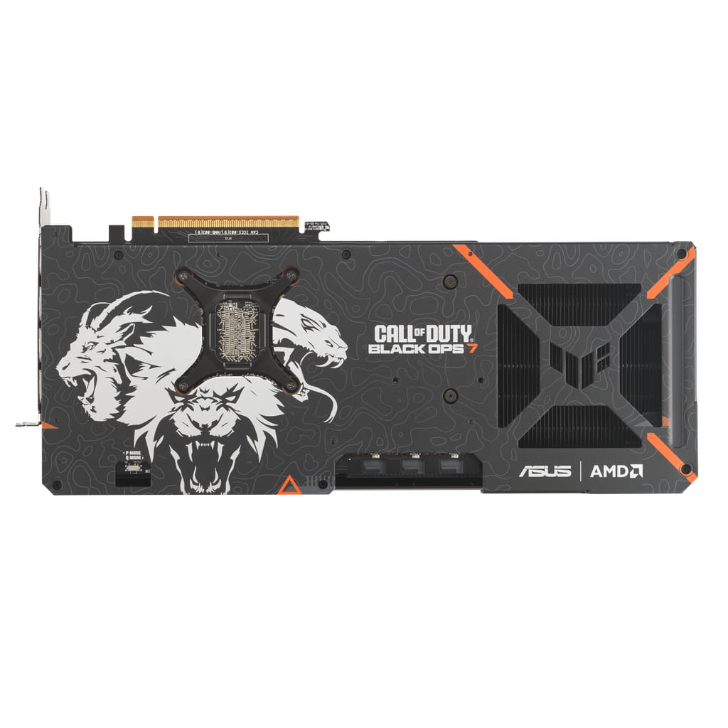 نمایی از نسخه ویژه کارت گرافیک TUF Gaming Radeon RX 9070 XT با تم Call of Duty: Black Ops 7