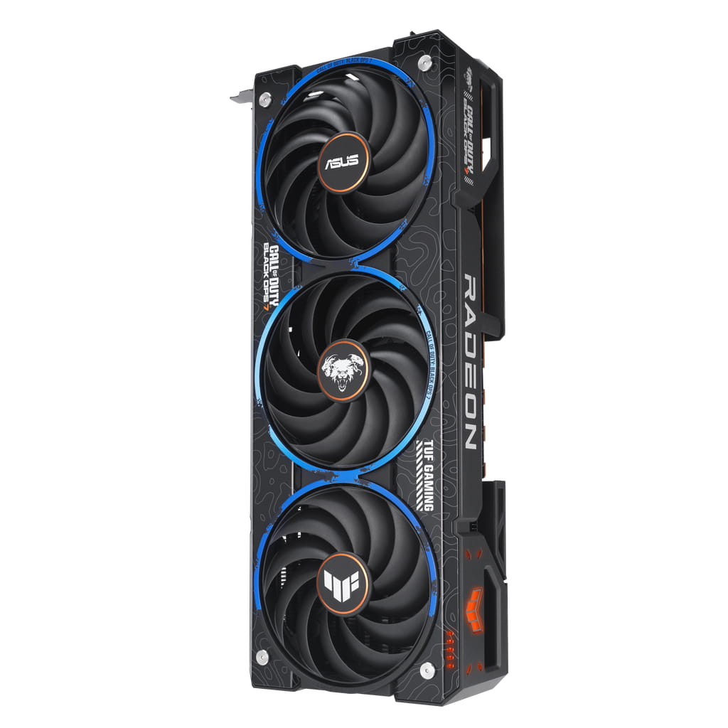 نمایی از نسخه ویژه کارت گرافیک TUF Gaming Radeon RX 9070 XT با تم Call of Duty: Black Ops 7