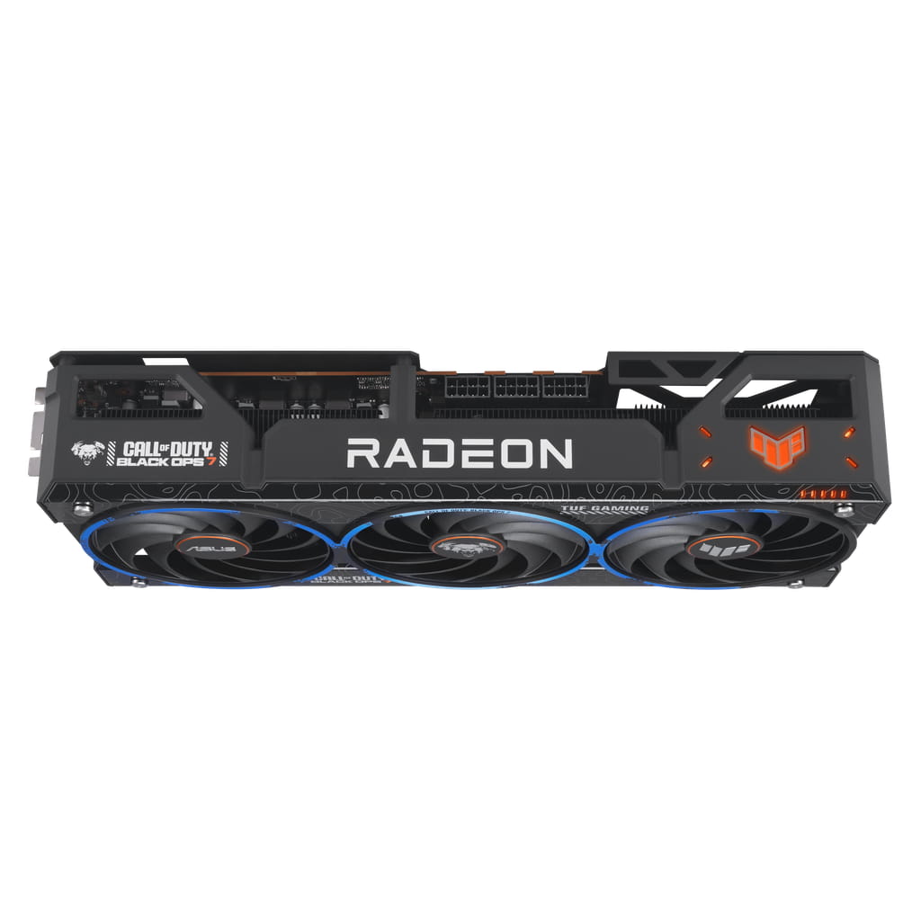 نمایی از نسخه ویژه کارت گرافیک TUF Gaming Radeon RX 9070 XT با تم Call of Duty: Black Ops 7
