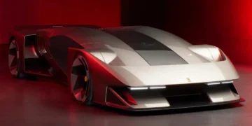 ترکیب نور و سایه روی Ferrari F76 که جزئیات سطحی بدنه و رنگ نقرهای متالیک را در محیطی استودیویی با نور قرمز نشان میدهد.
