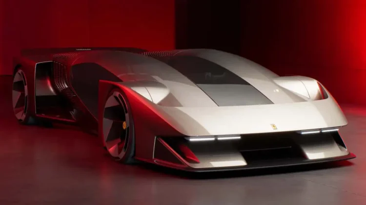 ترکیب نور و سایه روی Ferrari F76 که جزئیات سطحی بدنه و رنگ نقرهای متالیک را در محیطی استودیویی با نور قرمز نشان میدهد.